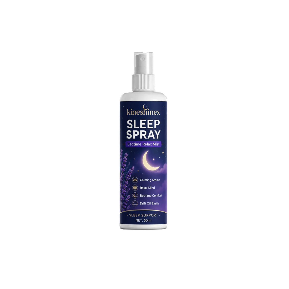 White 50ml pillow mist spray bottle with purple label on a plain background