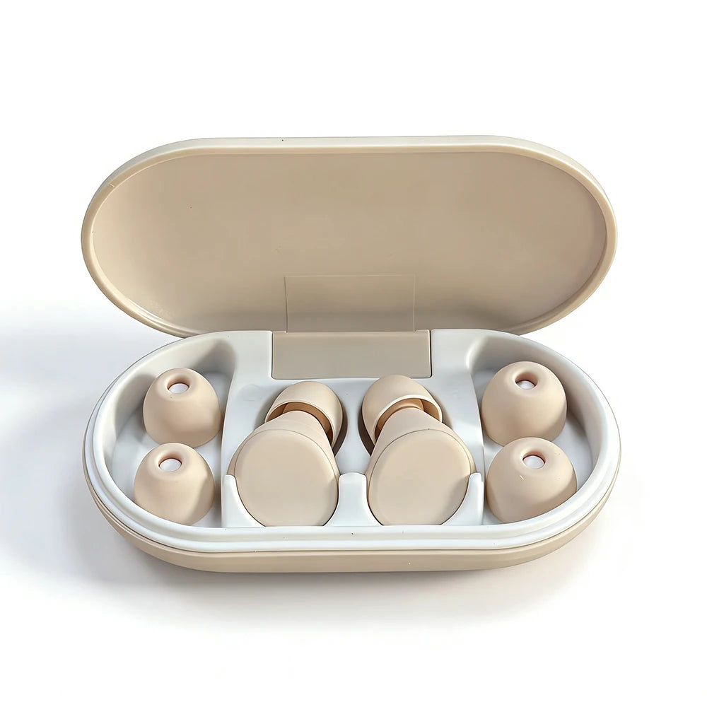 Open ivory case holding ivory earplugs and spare silicone tips