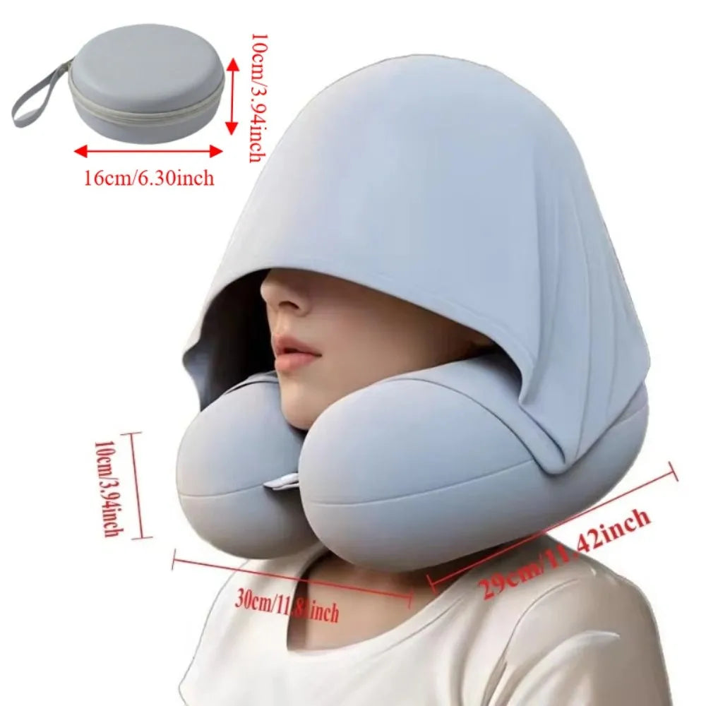 Blue hooded travel pillow and round storage case with dimension guides