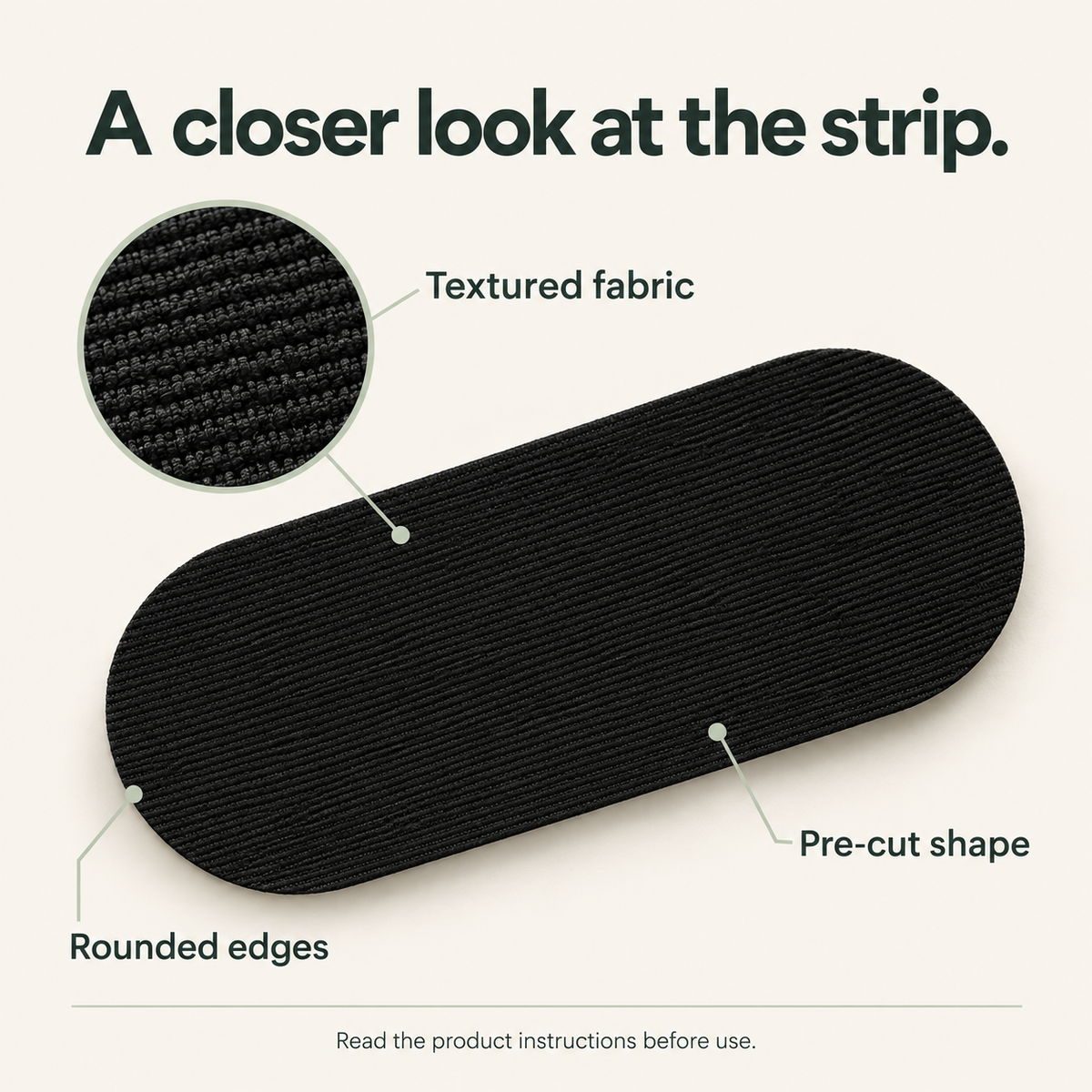 Black pre-cut mouth tape strip showing textured fabric, rounded edges and pre-cut shape.