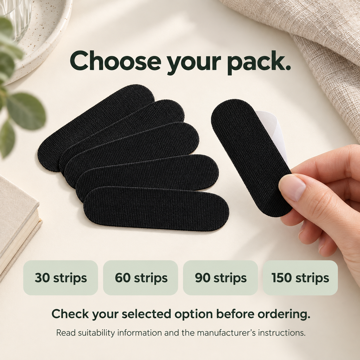 Black pre-cut mouth tape strips with pack options of 30, 60, 90 and 150 strips.