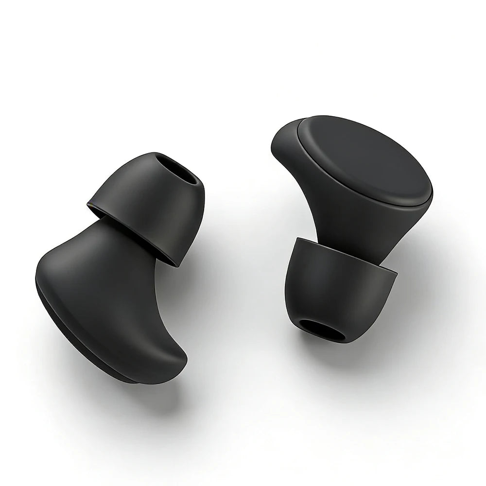 Close-up of two black reusable earplugs with silicone tips