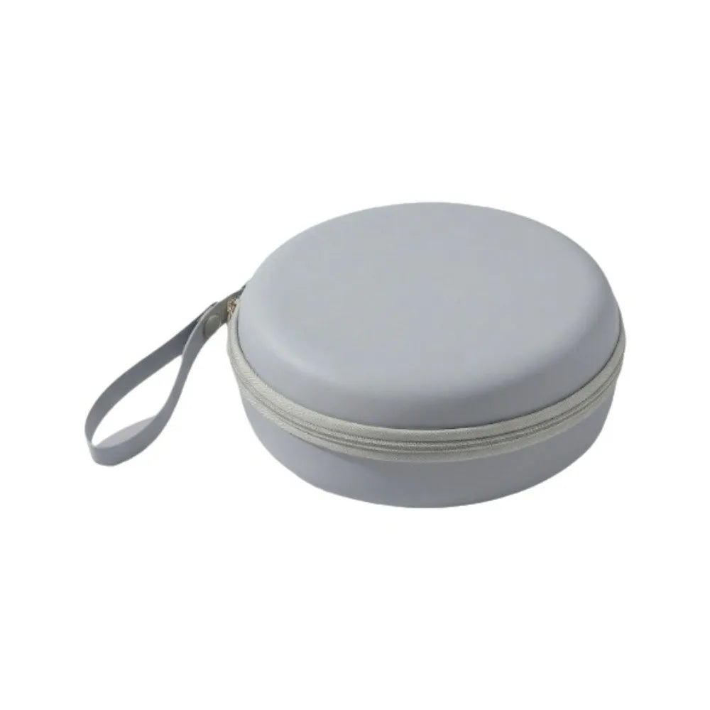 Grey round storage case with zip closure and wrist strap
