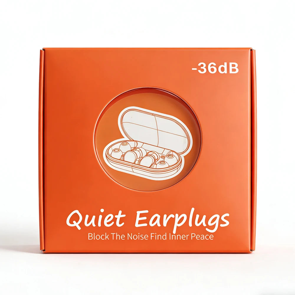 Orange earplug retail box with an illustration of the storage case
