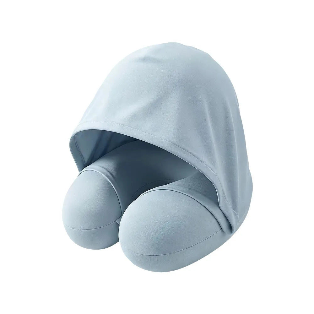 Blue U-shaped travel pillow with attached hood