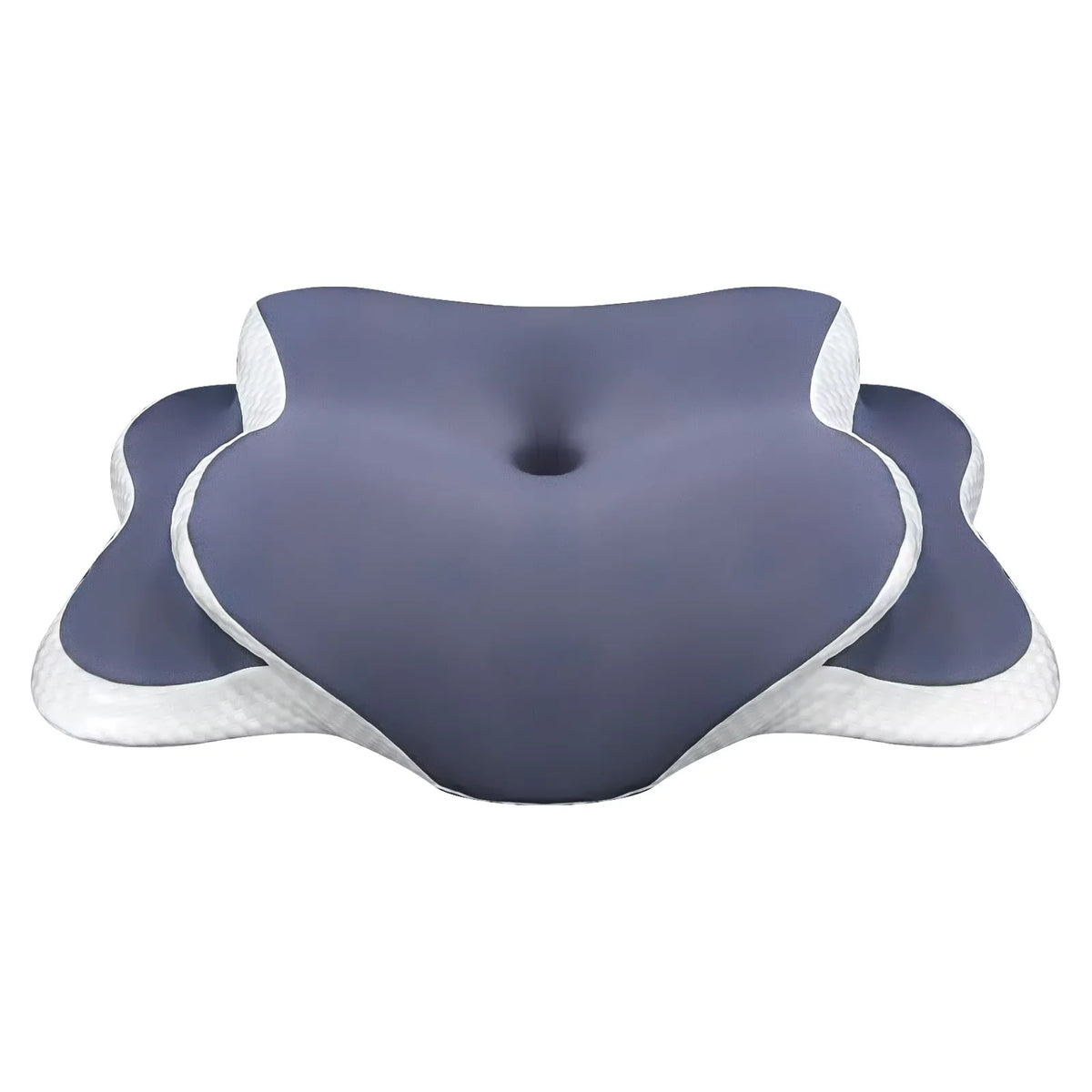 Grey contoured butterfly pillow with a central recess and white edge panels
