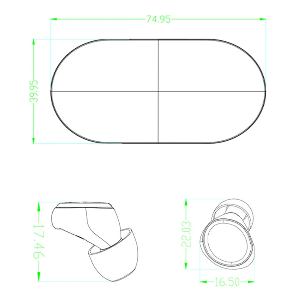 Dimension drawing of the earplug storage case and individual earplug