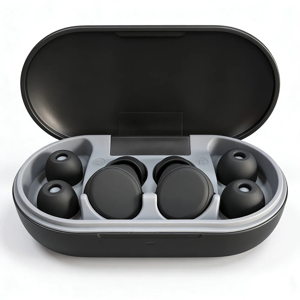 Open black case holding black earplugs and spare silicone tips