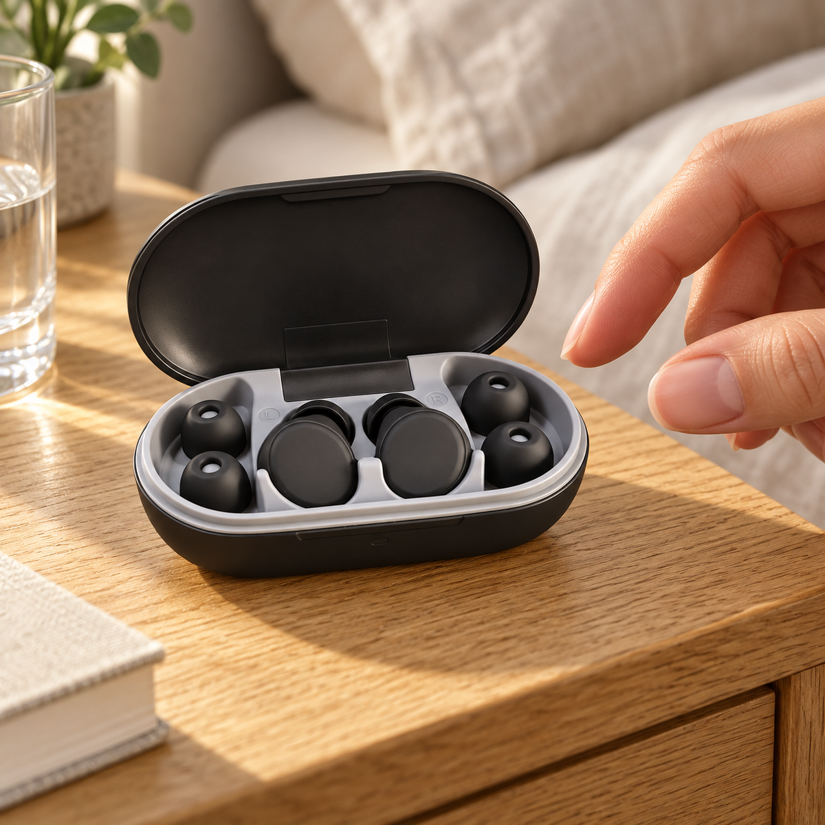 Reusable silicone earplugs and spare tips in an open case