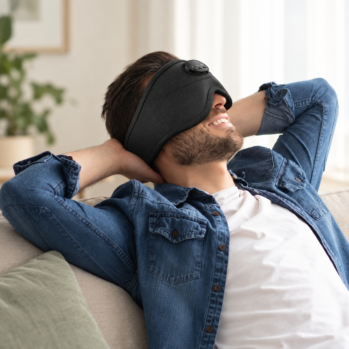 Man reclining in the black contoured Bluetooth sleep mask with central oval three-button controls.