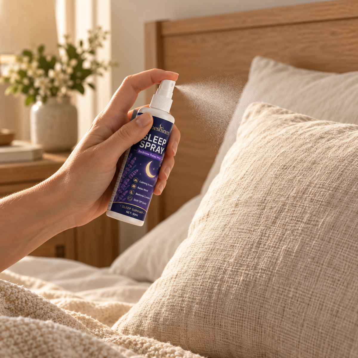 Hand spraying the lavender and chamomile mist towards a pillow