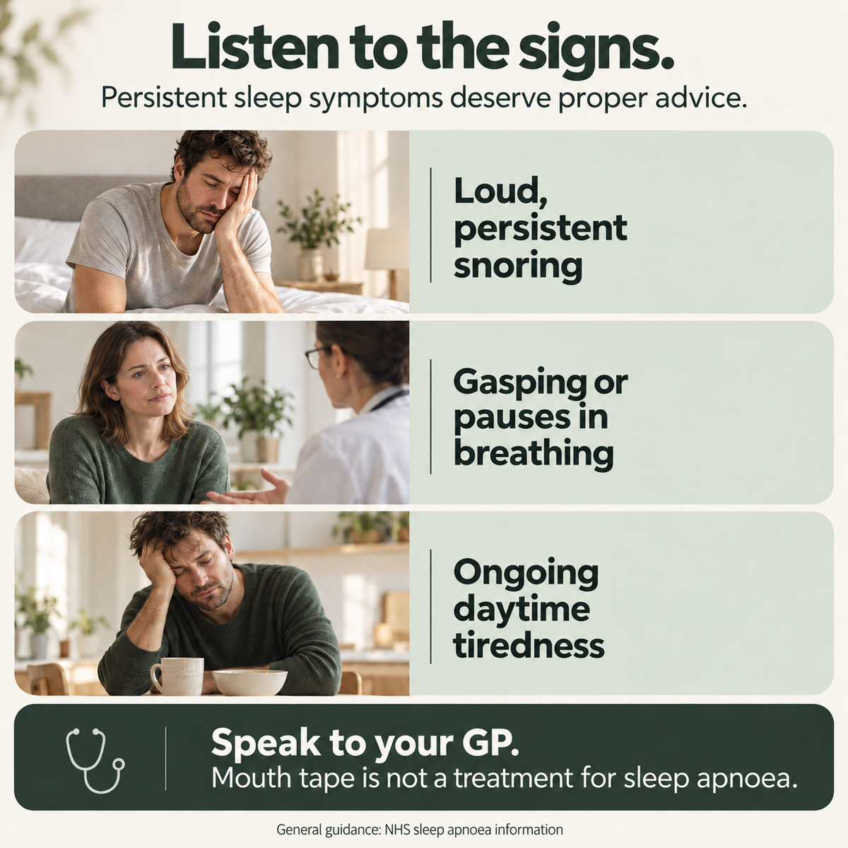 Sleep symptoms to discuss with a GP: persistent snoring, breathing pauses and daytime tiredness. Mouth tape is not a sleep apnoea treatment.