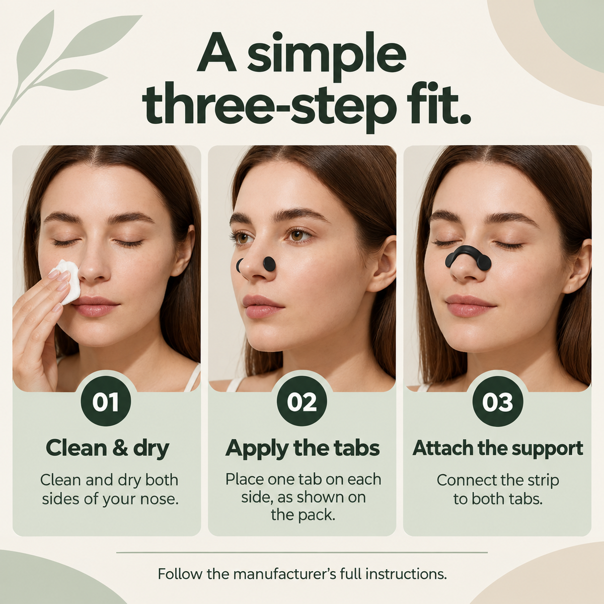 Three-step nasal support fitting guide: clean and dry, apply two tabs, then attach the support.