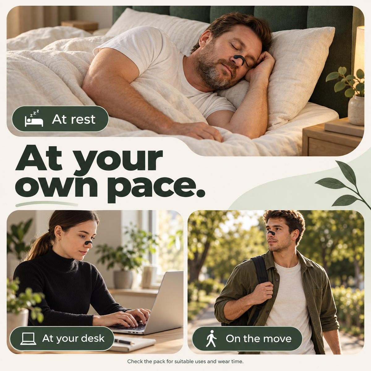 External nasal support shown at rest, at a desk and on a walk.