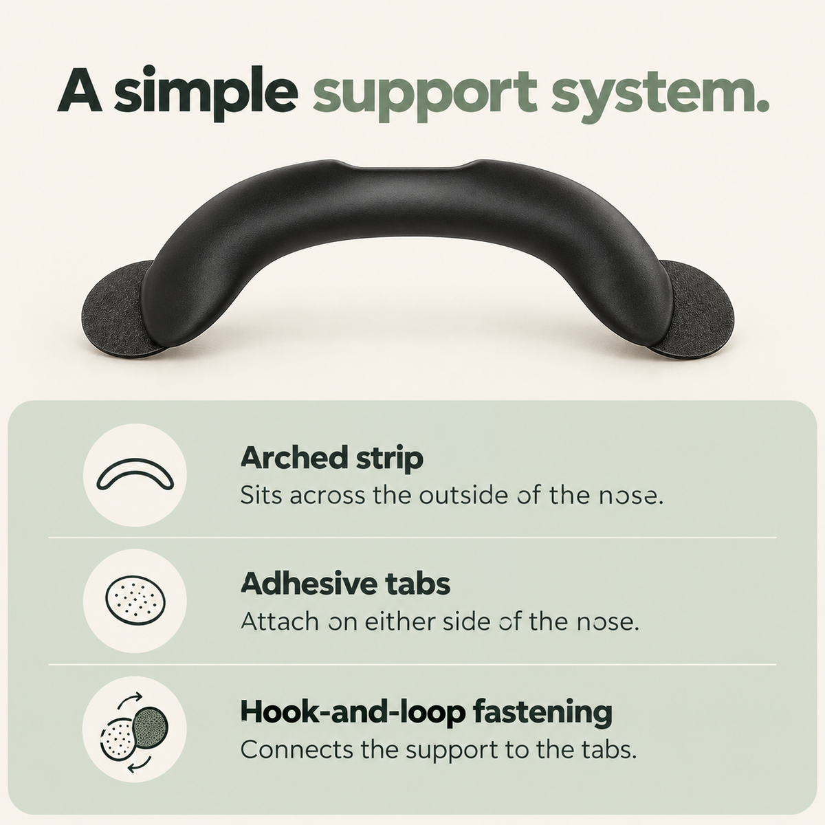 Black external nasal support showing the arched strip, adhesive tabs and hook-and-loop fastening.