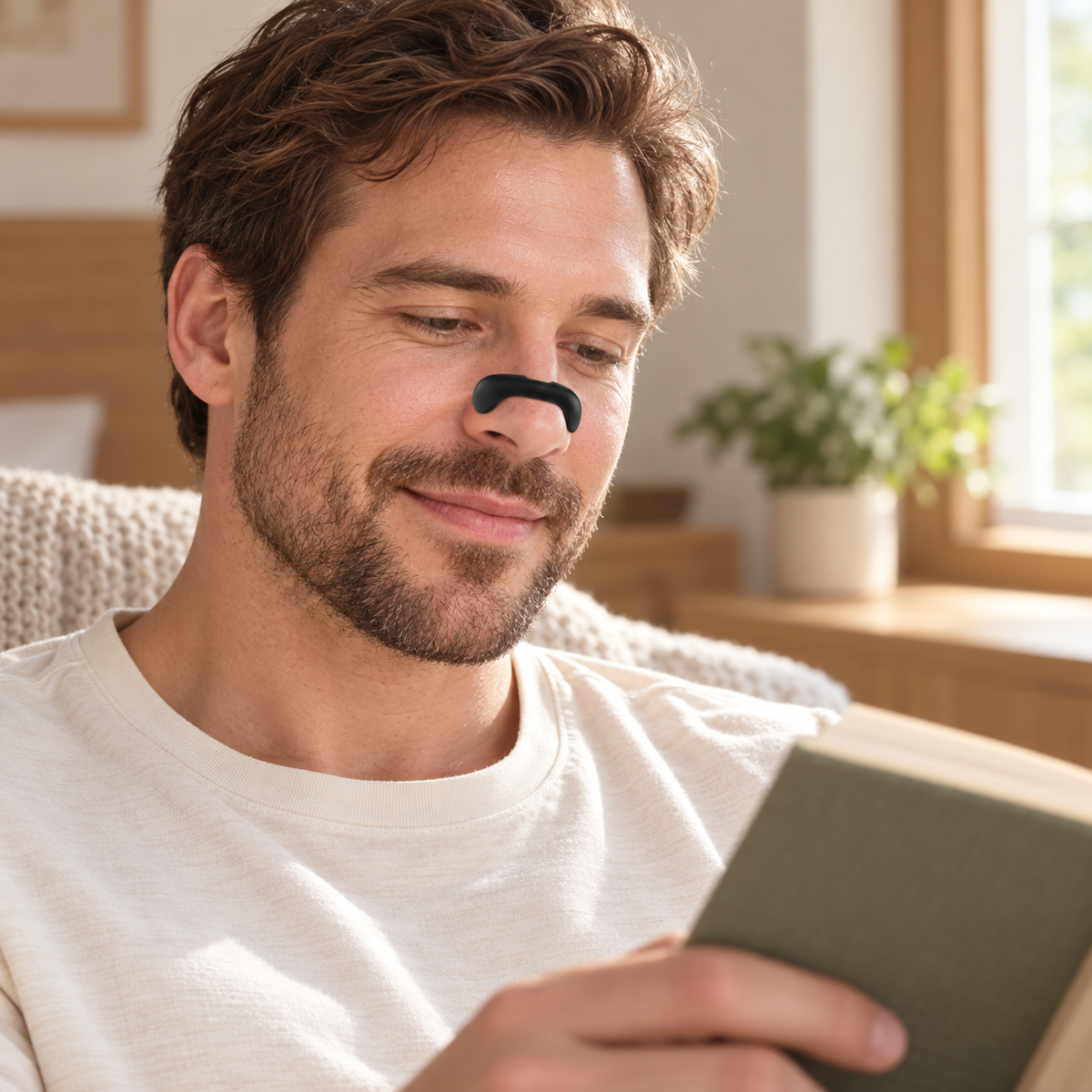Awake adult wearing an external nasal dilator while reading