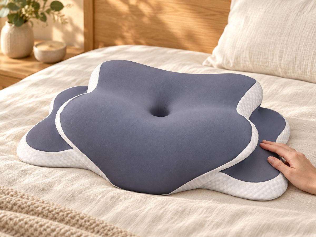 Slate grey contoured pillow with a recessed centre and white textured sides on linen bedding