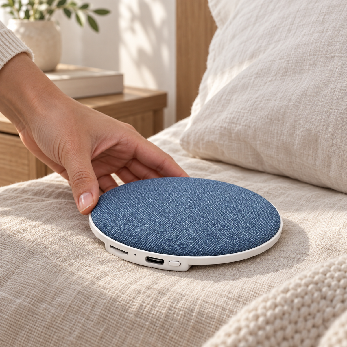 Blue pillow speaker placed beside cream linen bedding