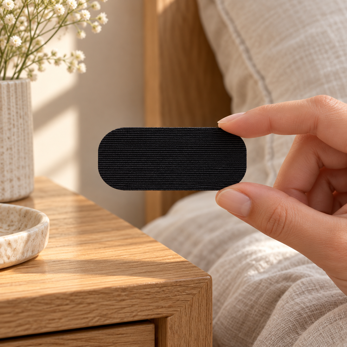 An unused black pre-cut adhesive strip held in a hand