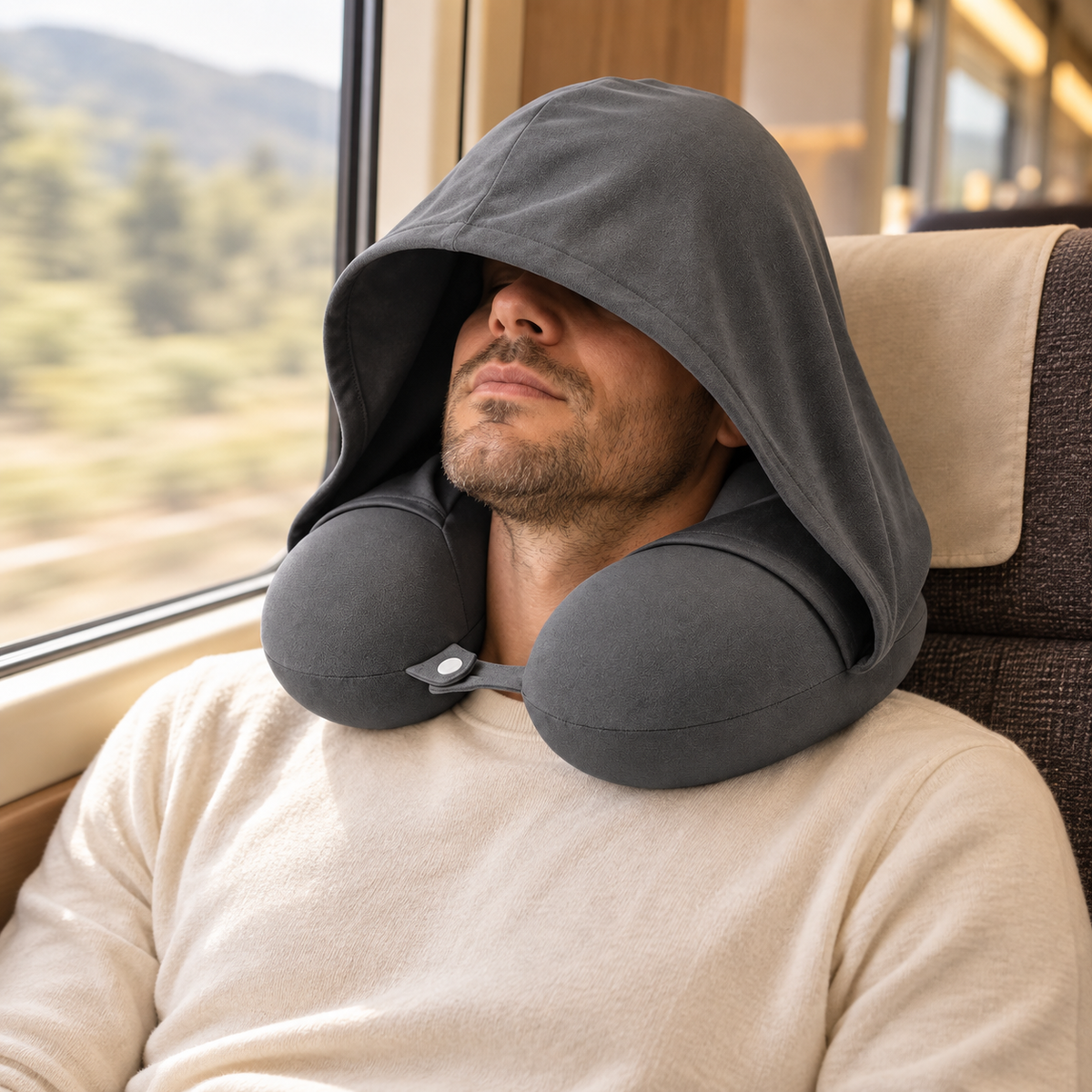 Traveller resting with a charcoal hooded neck pillow