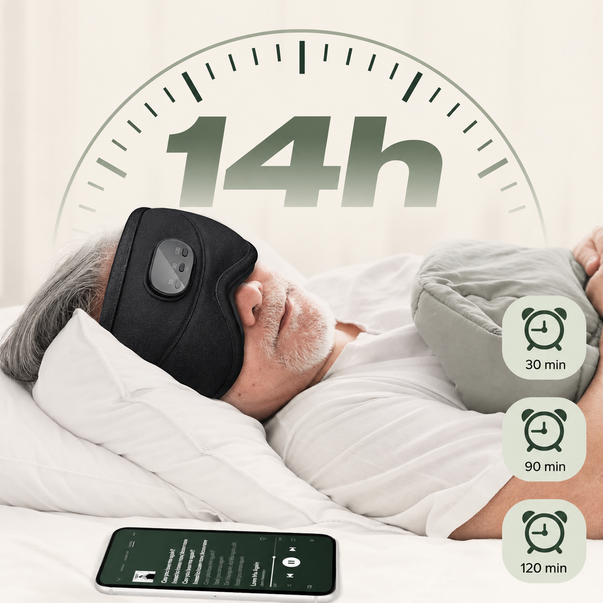 Man resting in black Bluetooth sleep mask with timer graphic