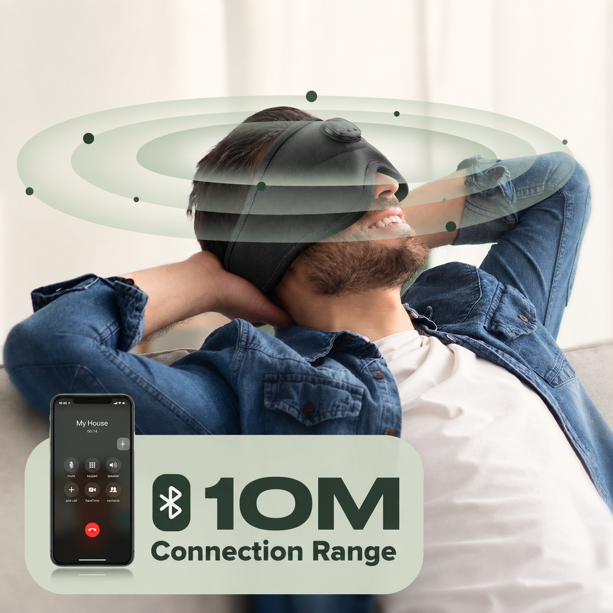 Man reclining in Bluetooth sleep mask with connection range graphic