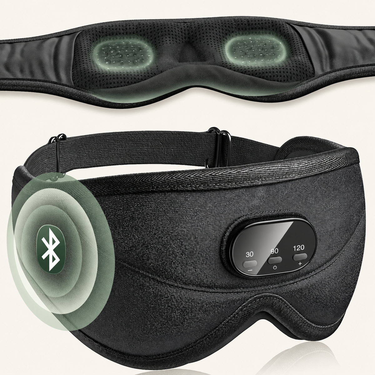 Black Bluetooth sleep mask front and interior views with oval controls