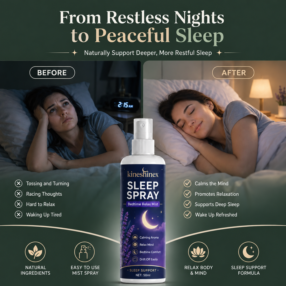 Pillow and room mist product guide in Quiet Company colours, image 2